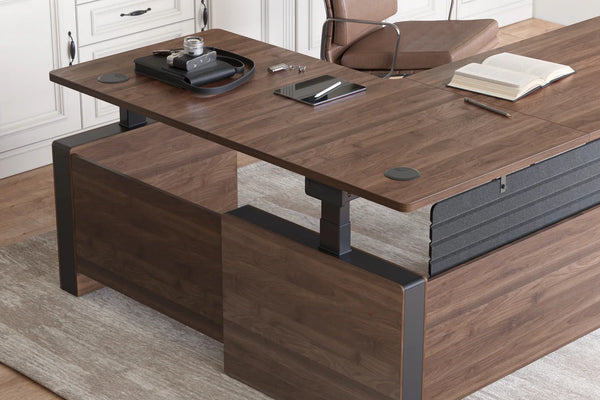 An executive L-shaped workstation featuring ergonomic height adjustament